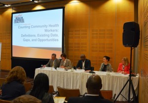 Sept. 29, 2014: Panelists from at the Frontline Health Workers Coalition satellite session during the Third Global Symposium on Health Systems Research in Cape Town discuss the need for improving community health worker data for decision making. Credit: Frontline Health Workers Coalition.