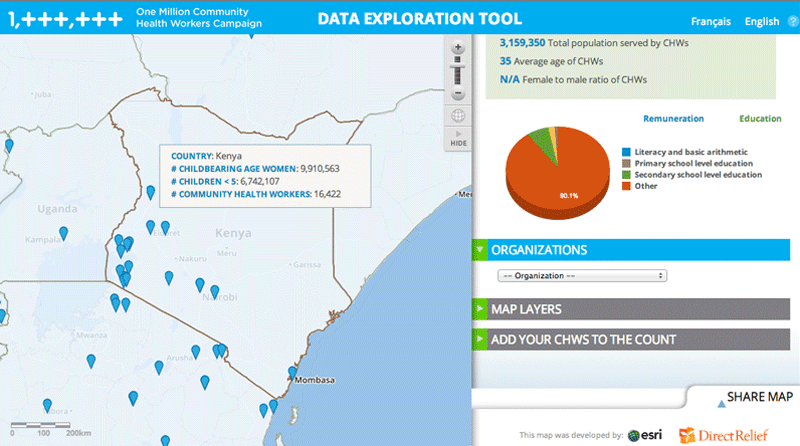 The Data Explorations tool allows us to zoom-in to CHW organizations on the map.